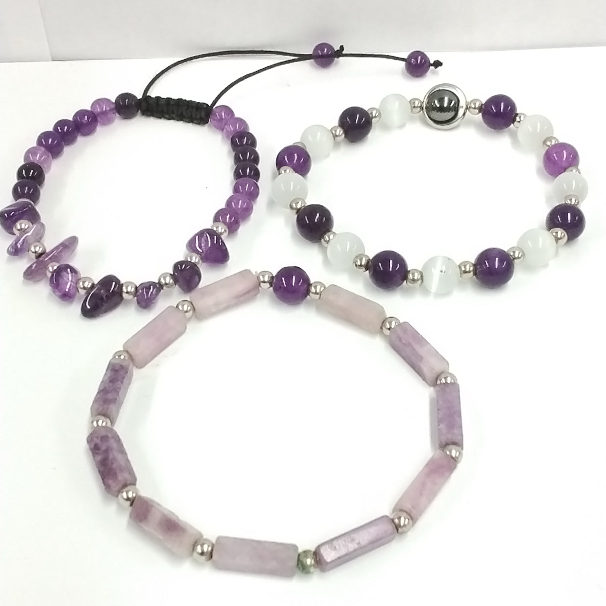2pcs Natural Amethyst & 1pc White C Eye Beaded Bracelet Set/1pc Natural Amethyst Bracelet/Elastic Bracelet
